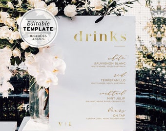 Mr White Minimalist Gold Wedding Drinks Menu, Bar Menu, Drinks Sign, Bar Sign, Printable Editable Template #064