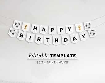 Printable Soccer Birthday Banner, Happy Birthday Sign, Happy Birthday Bunting, Birthday Party Sign, Printable Editable Template #077