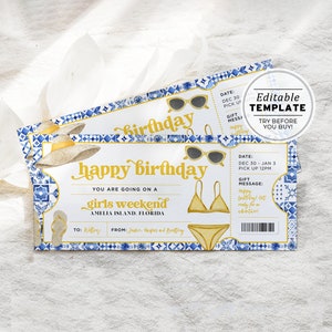 Printable Girls Weekend Birthday Surprise Ticket, Weekend Away Template, Surprise Gift Certificate | EDITABLE TEMPLATE #082 #090