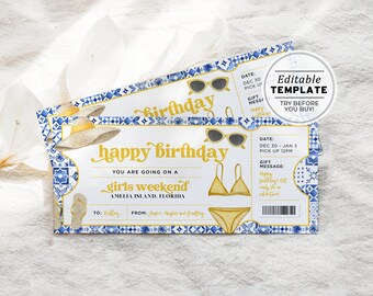 Printable Girls Weekend Birthday Surprise Ticket, Weekend Away Template, Surprise Gift Certificate | EDITABLE TEMPLATE #082 #090