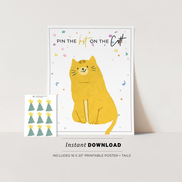 Pin the Hat on Kevin the Cat Kids Party Game Printable Poster, Birthday Party Game, INSTANT DOWNLOAD #061