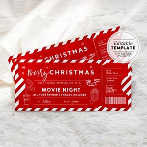 Plantilla de entrada para la noche de cine de Navidad, vale de entrada para el cine / PLANTILLA EDITABLE IMPRIMIBLE #082
