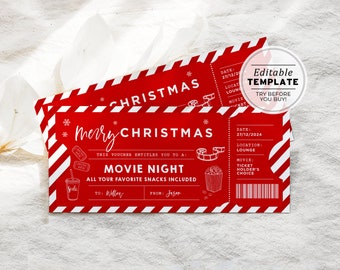 Christmas Movie Night Ticket Template, Movie Ticket Voucher | PRINTABLE EDITABLE TEMPLATE #082