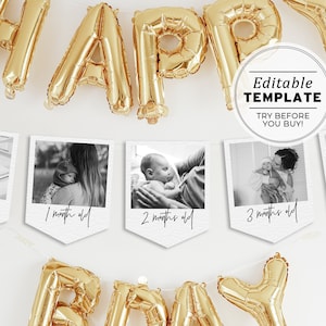 Modèle de bannière photo premier anniversaire, cartes d'étape mensuelle 1ère année de bébé, cadre photo minimaliste, modèle modifiable #004 Juliette