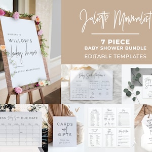 Juliette Minimalist Baby Shower Bundle Szablony, Gry Baby Shower, Zaproszenie na Baby Shower, Znak powitalny Baby Shower #004