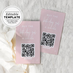 Compre la tarjeta Venmo de Birthday Girl a Drink, Paypal, código QR, plantilla de tarjeta de aplicación Cash / PLANTILLA EDITABLE Blush #035