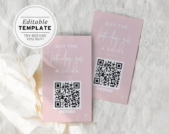 Buy the Birthday Girl a Drink Venmo Card, Paypal, QR Code, Cash App Card Template | EDITABLE TEMPLATE Blush #035