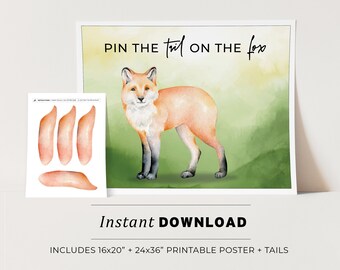 Pin the Tail on the Fox Kids Party Game Printable Poster, Birthday Party Game, INSTANT DOWNLOAD