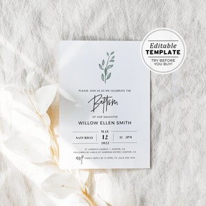 Juliette Minimalist Baptism Christening Invitation, EDITABLE TEMPLATE, Printable #004
