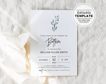 Juliette Minimalist Baptism Christening Invitation, EDITABLE TEMPLATE, Printable #004