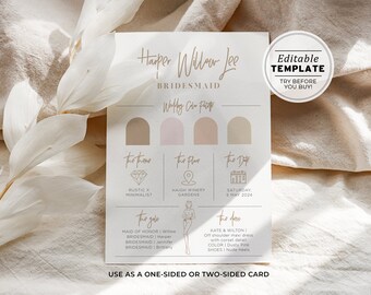 Nue Minimalist Bridesmaid Info Card Template, Bridal Party Info Card, Bridesmaid Information Card | EDITABLE TEMPLATE #038