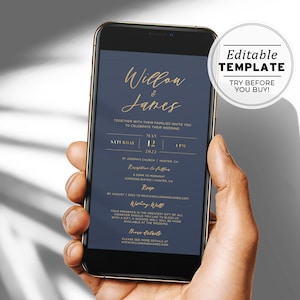 Invitación electrónica digital clásica de boda en azul marino y dorado / PLANTILLA EDITABLE N.° 012