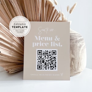 Peut inclure: Une pancarte beige avec un code QR noir et blanc. La pancarte indique "Scan to see... Menu & price list." et "SMALL BUSINESS NAME V".