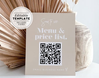 Minimalist QR Code Menu and Price List Sign Template, Small Business Sign | EDITABLE TEMPLATE #053 #043 Scandi Minimalist