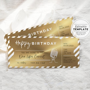 Printable Gold Concert Ticket Birthday Gift Template, Surprise Gift Certificate | EDITABLE TEMPLATE #082