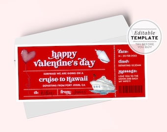 Printable Valentine's Day Gift Ticket Template, Cruise Holiday Gift Certificate, Valentines Day Coupon | EDITABLE TEMPLATE #082