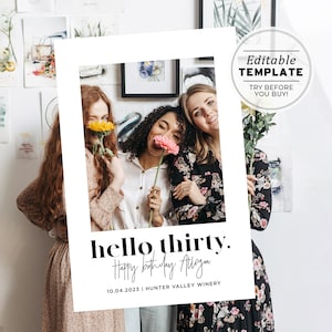 Hello Thirty Minimalist 30th Birthday Photo Frame Prop Frame Printable, Photo Booth Prop | EDITABLE TEMPLATE Mr White #001