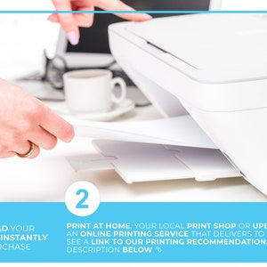 May include: A white printer with a sheet of paper being inserted into the paper tray. The image shows a two-step process for printing artwork: download the artwork instantly after purchase and print at home, at a local print shop, or upload to an online printing service.