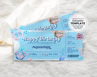 Printable Aquarium Ticket Birthday Gift Template, Surprise Gift Certificate | EDITABLE TEMPLATE #082