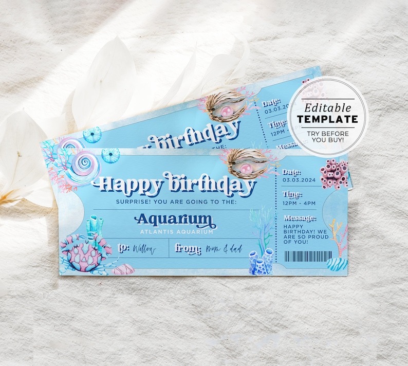 Printable Aquarium Ticket Birthday Gift Template Surprise - Etsy