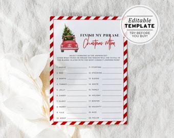 Finish My Phrase Christmas Game, Holidays Finish My Phrase Game, Christmas Games, Holiday Family Game | PRINTABLE EDITABLE TEMPLATE