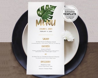 Leilani Tropical Watercolor Leaf Wedding Menu | EDITABLE TEMPLATE, Printable #003 #005 #006 #014