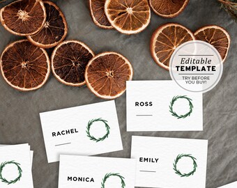 Minimalist Christmas Place Card Template, Editable Holiday Party Dinner Escort Cards | EDITABLE TEMPLATE, Printable #021 Wreath