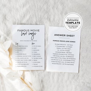Bridal Shower Game, Famous Movie Love Songs Game, Wedding Shower Game, Hen&#39;s Party Game, Bachelorette Party, Editable Template #004 Juliette