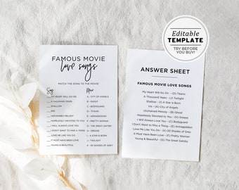 Bridal Shower Game, Famous Movie Love Songs Game, Wedding Shower Game, Hen's Party Game, Bachelorette Party, Editable Template #004 Juliette
