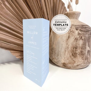 Powder Blue Minimalist Tri-fold Table Number, Tri-fold Table Menu, Triangle Table Stand, Modern Menu | EDITABLE TEMPLATE #036