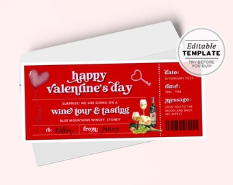 Printable Valentine's Day Gift Ticket Template, Winery Wine Tasting Gift Voucher, Valentines Day Coupon | EDITABLE TEMPLATE #082