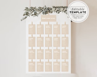 Scandi Minimalist Wedding Seating Chart Template, Hanging Table List, Wedding Seating Sign, Printable, Editable Template #047