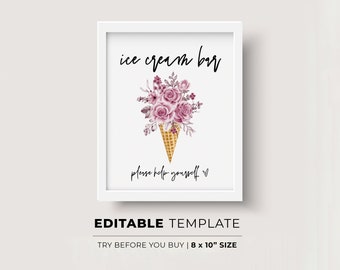 Ice Cream Bar Sign, Sundae Bar, Minimalist Wedding, Baby Shower, Bridal Shower Ice Cream Bar, Dessert Sign | EDITABLE TEMPLATE #028 Willow