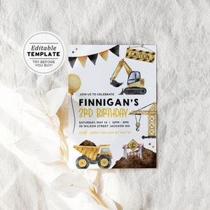 May include: A yellow and black construction themed birthday invitation with a cartoon excavator, dump truck, and crane. The invitation reads "Join us to celebrate Finnigan's 3rd Birthday" and includes the date, time, and location of the party. RSVP information is also included.