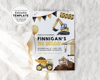 Construction Birthday Invite, Builder Birthday Party Invitation, Digger Birthday Party, Printable Editable Template #109 Benson