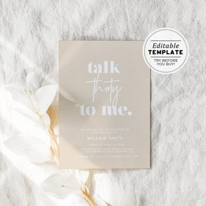 Talk Thirty To Me ミニマリスト 30 歳の誕生日パーティー招待状 印刷可能なカード | 編集可能なテンプレート #047 スカンジナビア ミニマリスト