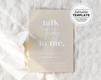 Talk Thirty To Me Minimalist 30th Birthday Party Invitation Printable Card | EDITABLE TEMPLATE #047 Scandi Minimalist