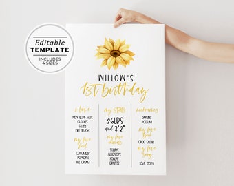 Sunflower First Birthday Milestone Board Template, Minimalist Birthday Milestone Poster | PRINTABLE EDITABLE TEMPLATE #081