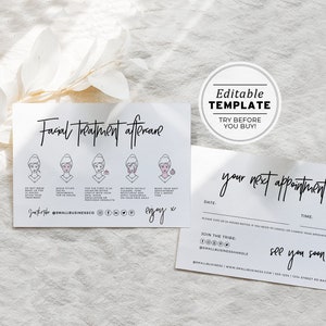 Juliette Minimalist Facial Treatment Aftercare and Appointment Card, Editable AfterCare Card | EDITABLE TEMPLATE #050 #043