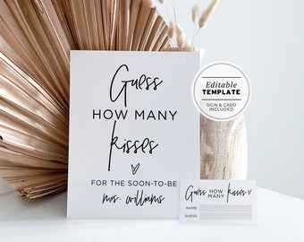 Juliette Minimalist How Many Kisses Game Sign and Card, Printable Bridal Shower Game | EDITABLE TEMPLATE #004