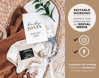 Zofia Digital Pregnancy Announcement, Baby Due Date, Social Media Pregnancy Announcement, Birth Announcement, Editable Template