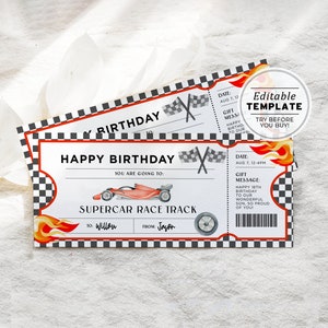 Druckvorlage Rennauto Ticket Geburtstag Geschenk, Überraschung Geschenkgutschein | EDITIERBARE VORLAGE #098 Red Racer