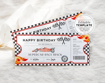 Printable Race Car Ticket Birthday Gift Template, Surprise Gift Certificate | EDITABLE TEMPLATE #098 Red Racer