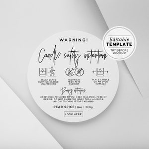 Candle Warning Label, Minimalist Warning Label, Candle Safety Sticker, Printable Editable Template, Digital Download #050 #043 Juliette