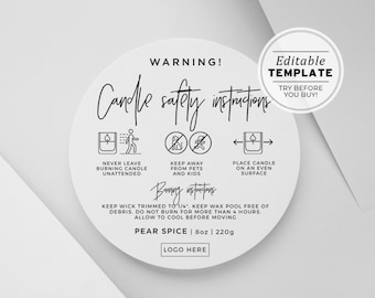 Minimalist Candle Warning Label Template, Printable Candle Safety Sticker, Sizes: 1.5in / 2in / 3in | EDITABLE TEMPLATE #050 #043 Juliette