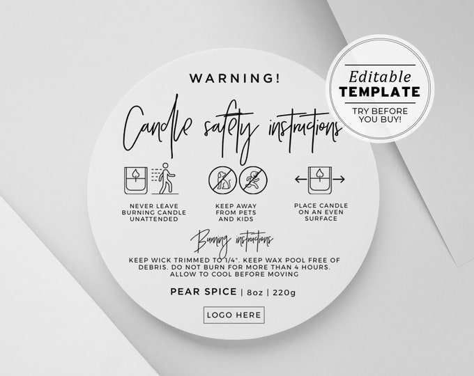 Editable Warning Label for Candles, Customizable Warning Labels, Candle