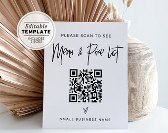 Minimalist QR Code Menu and Price List Sign Template, Small Business Sign | EDITABLE TEMPLATE #050 #043 Juliette