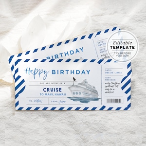 Carte d'embarquement de voyage de croisière d'anniversaire imprimable, modèle de bon de croisière, certificat-cadeau surprise de croisière | MODÈLE MODIFIABLE #082