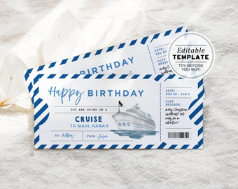 Printable Birthday Cruise Trip Boarding Pass, Cruise Voucher Template, Cruise Surprise Gift Certificate | EDITABLE TEMPLATE #082