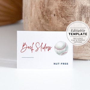 Minimalist Baseball Buffet Food Name Card Sign, Grazing Table Food Sign | PRINTABLE EDITABLE TEMPLATE #016